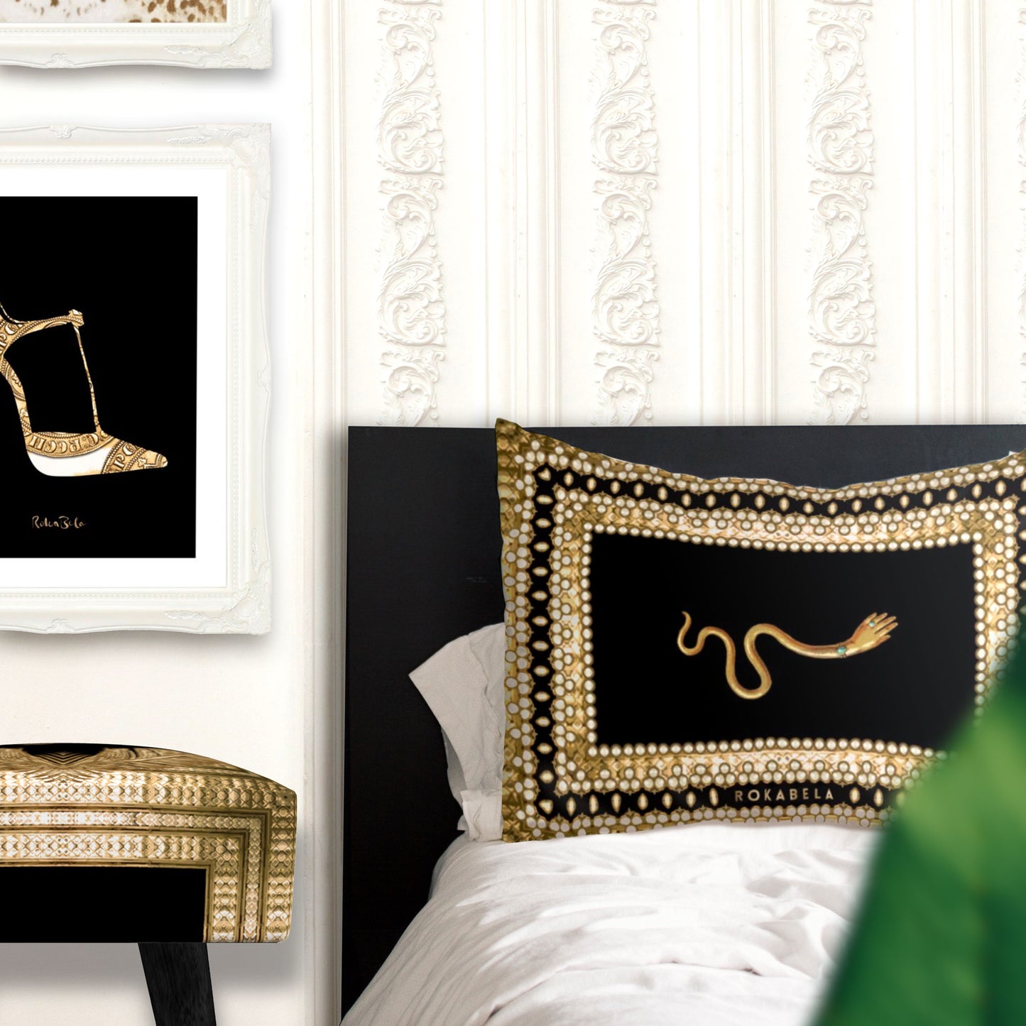 Silk pillowcase in black and gold with exclusive designer exotic print with bejewelled effect and serpent.